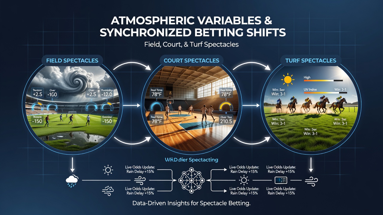 Dashboard view of synchronized betting markets across baseball, basketball, and horse racing with live atmospheric overlays