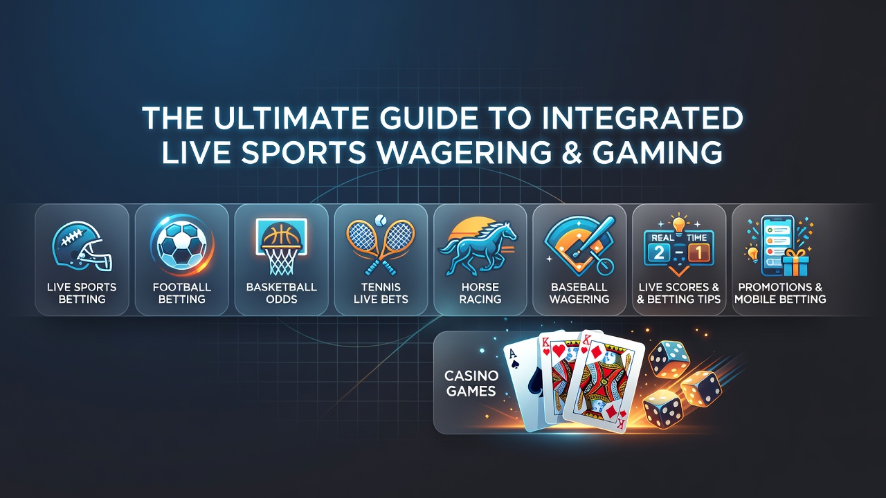 Mobile betting app interface showing synchronized live scores for football, tennis, baseball, and horse racing alongside casino game options