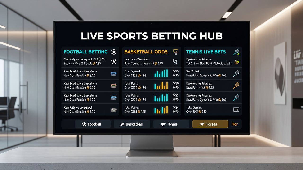 Dashboard view of a mobile betting app displaying simultaneous live scores, updated odds for various sports, and active casino promotions
