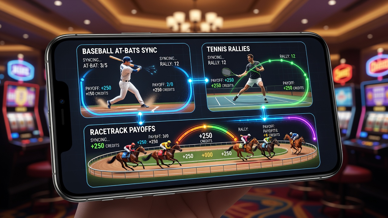 Dashboard view of mobile platform showing reward loops connecting tennis rallies to racetrack payoffs with ongoing promotions