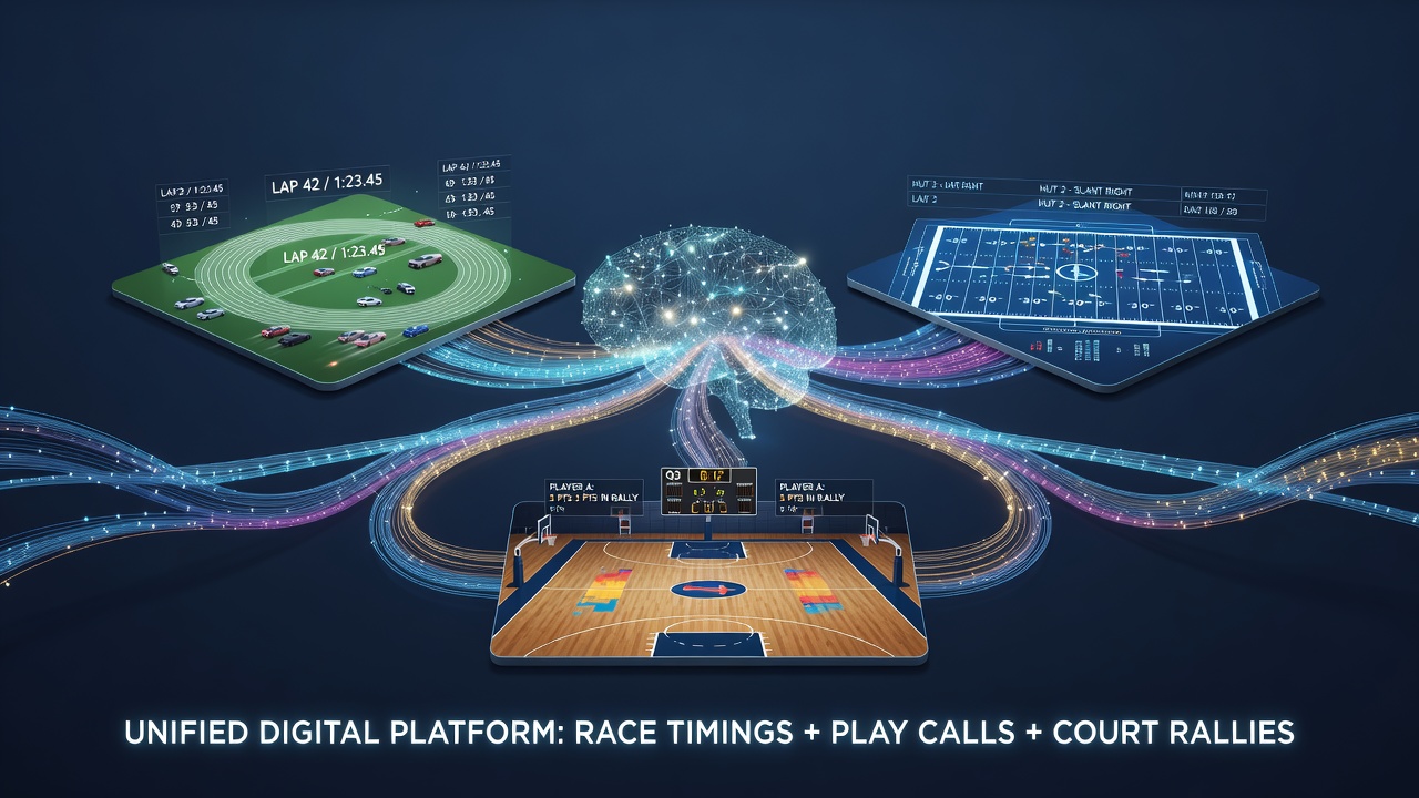 Smartphone screen displaying synchronized live updates from a horse race finish, football play clock, and tennis rally alongside active blackjack table with bonus indicators