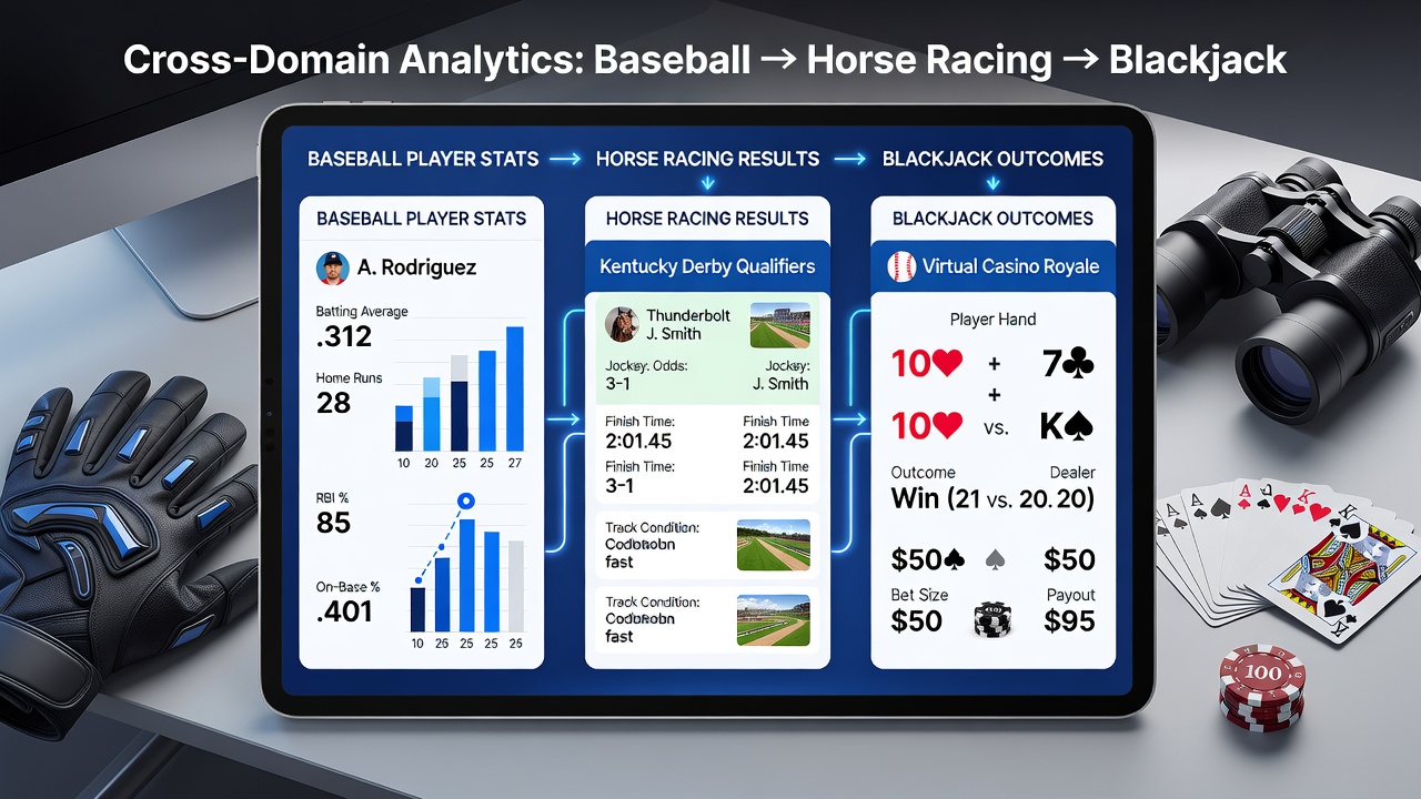 Close-up of unified mobile interface showing linked data points between baseball, horse racing, and blackjack