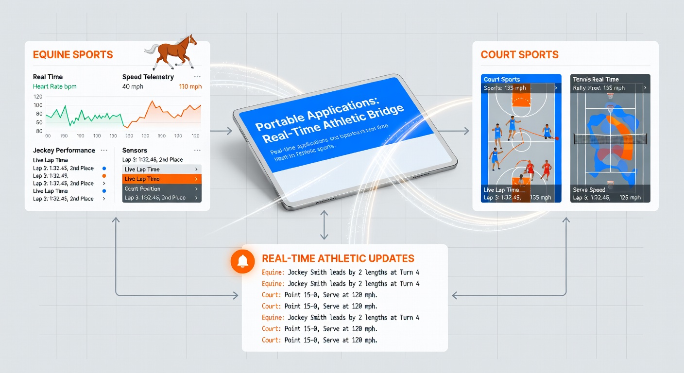 Split-screen view of a portable app showing simultaneous horse racing positions and basketball game statistics