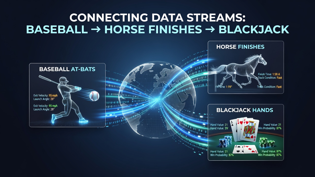 Integrated data visualization displaying real-time baseball at-bats, horse racing finishes, and blackjack hand outcomes flowing through a single mobile betting platform
