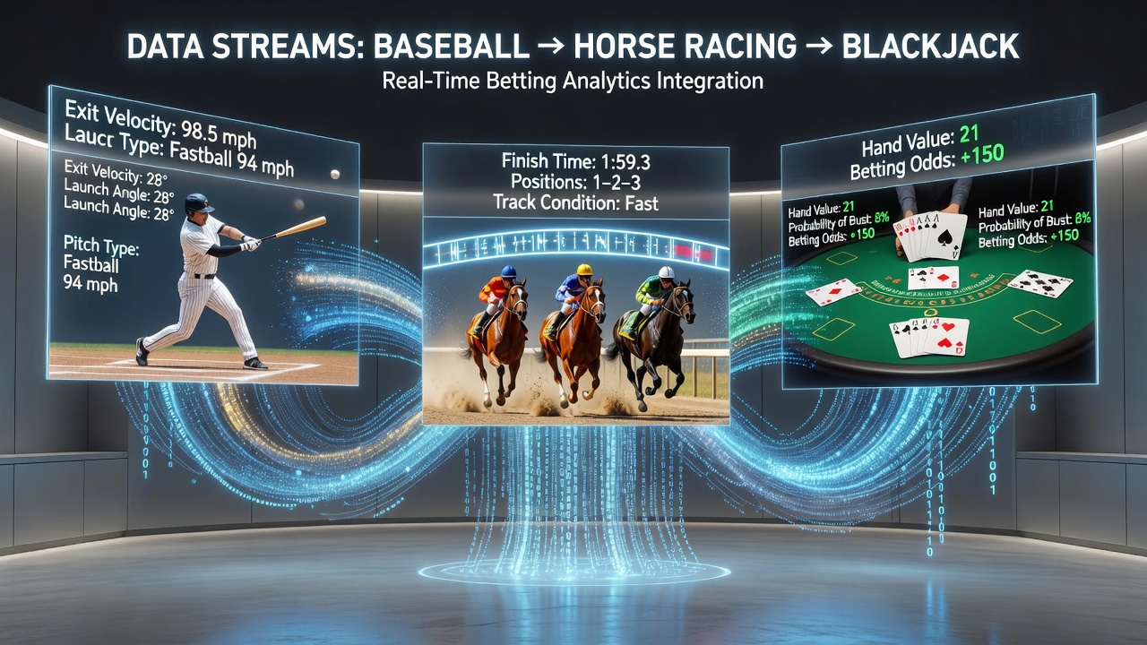 Network diagram illustrating data flow from baseball stadiums, racetracks, and casino tables into centralized mobile app servers
