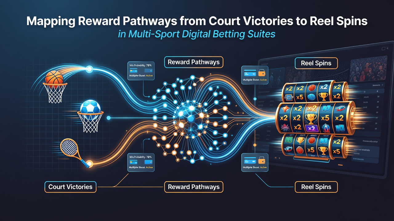 Flow diagram illustrating reward credit movement from sports outcomes to casino reel features