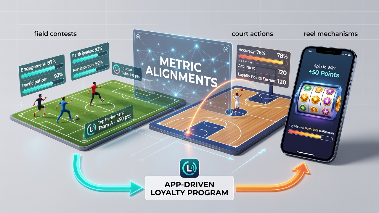 Overview of mobile app interfaces displaying aligned metrics from field sports, court games, and reel-based rewards
