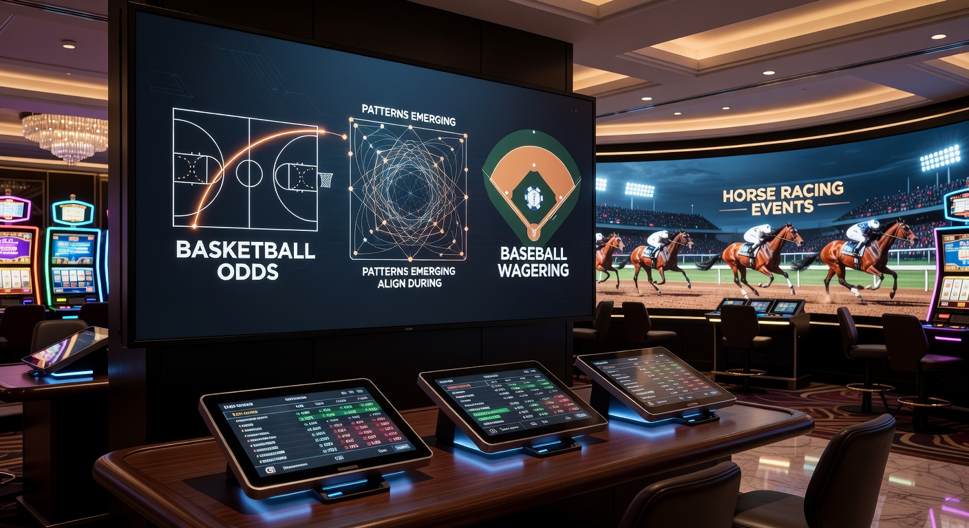 Casino betting floor displaying synchronized basketball, baseball, and horse racing odds on large digital screens during peak evening hours