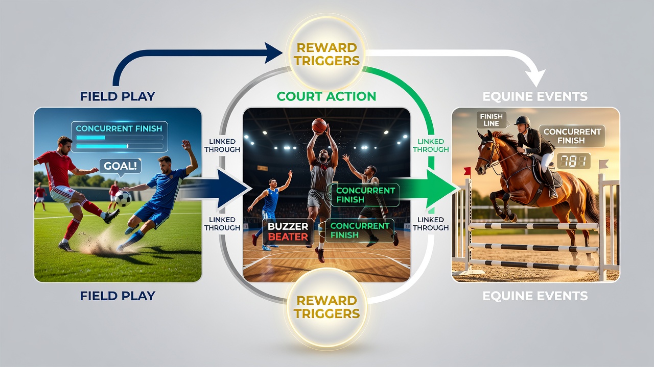 Data visualization of reward triggers firing during simultaneous finishes in multiple sports categories