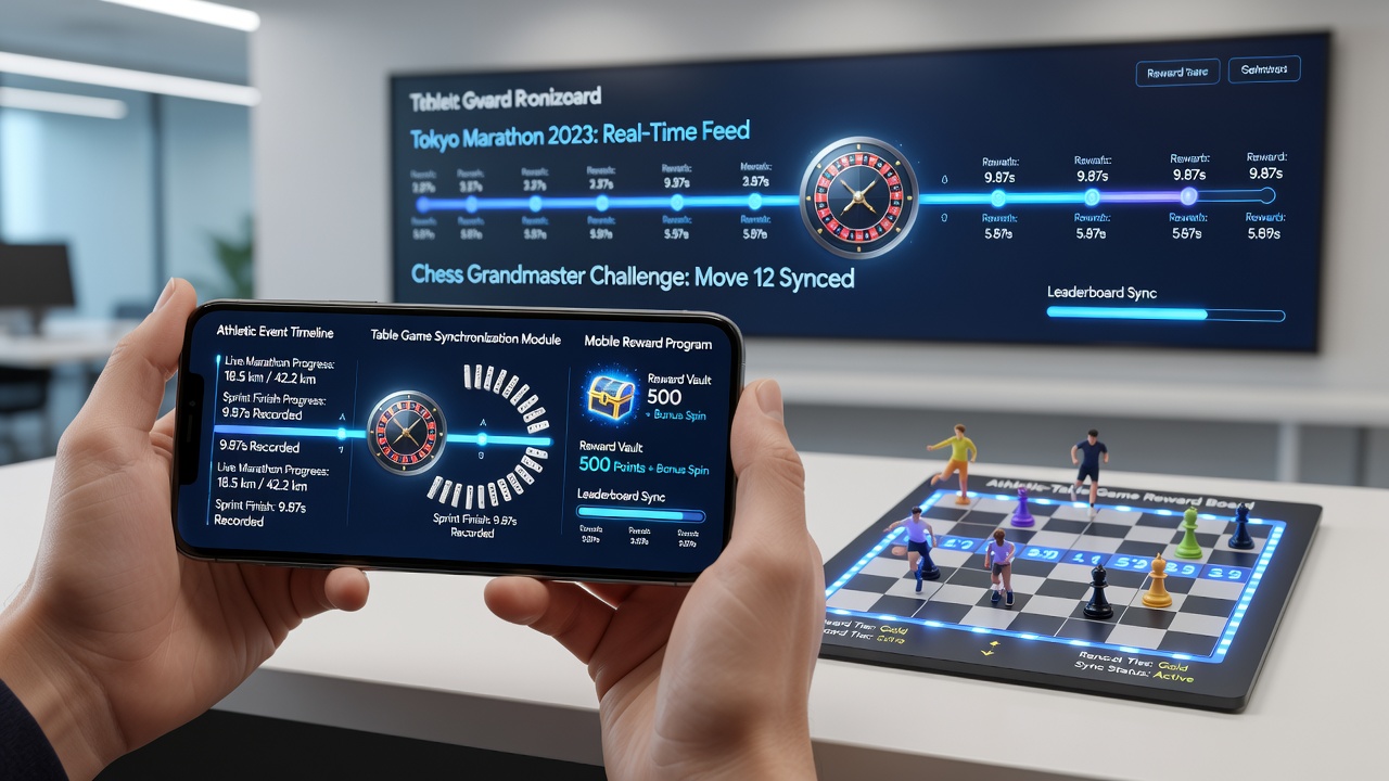 Athletes in action paired with mobile table game screens showing reward synchronization