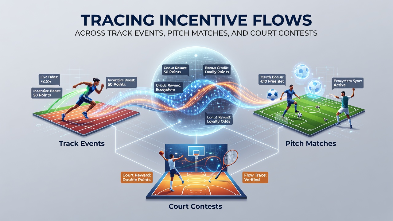 Mobile app interface displaying incentive flows between horse racing, soccer, and basketball betting options
