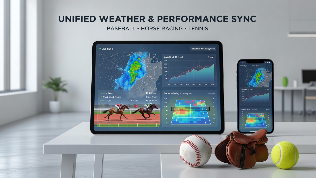 Mobile app interface displaying synchronized weather and performance data for baseball, horse racing, and tennis